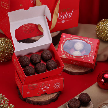 Caja navideña para brigadeiros de 6 cavidades con tapa transparente tema Happy Holidays (paquete de 10)